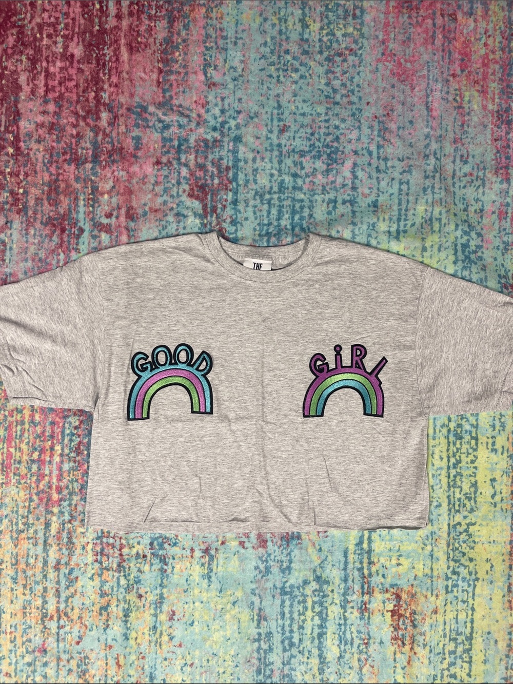 The Ragged Priest Grey Crop Tee with Pastel Rainbow 'Good / Girl' Patches